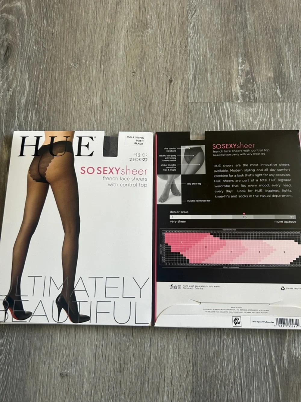 HUE So Sexy Sheer French Lace Sheers w/ Control Top– Black (2 Pack) Size 1 NEW